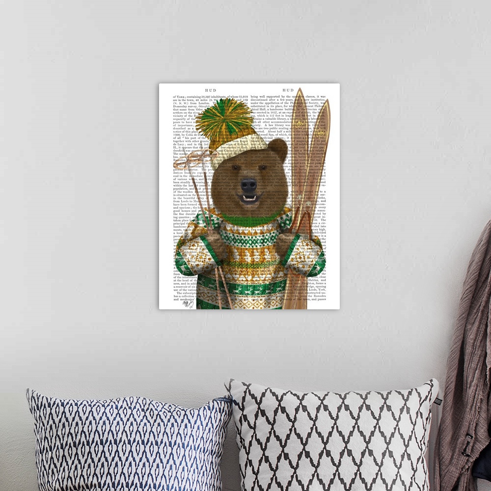 A bohemian room featuring Decorative artwork of a brown bear wearing a sweater and hat while holding skis, painted on the p...