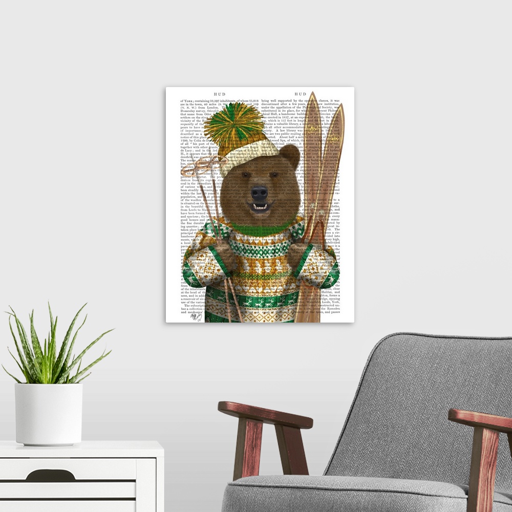 A modern room featuring Decorative artwork of a brown bear wearing a sweater and hat while holding skis, painted on the p...