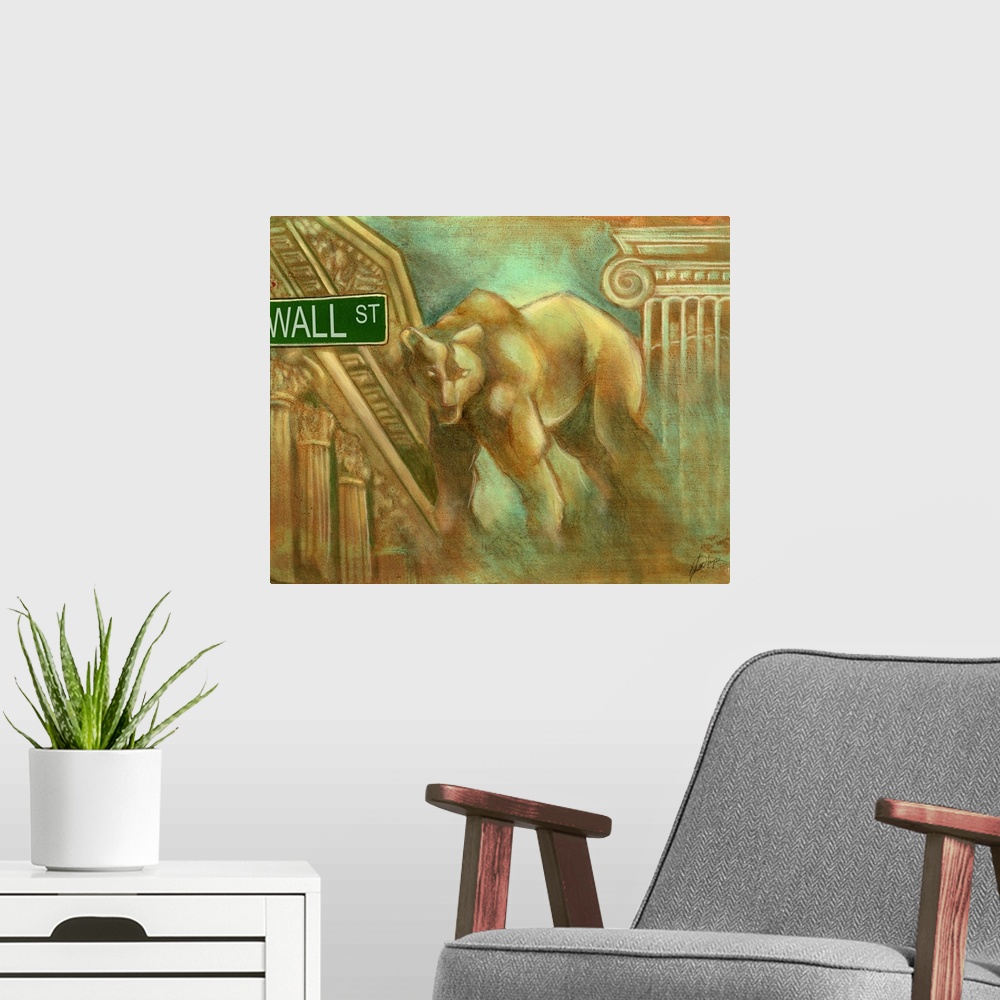 A modern room featuring Horizontal artwork for an office of a large, illustrated bear, glaring as he stands in front of p...