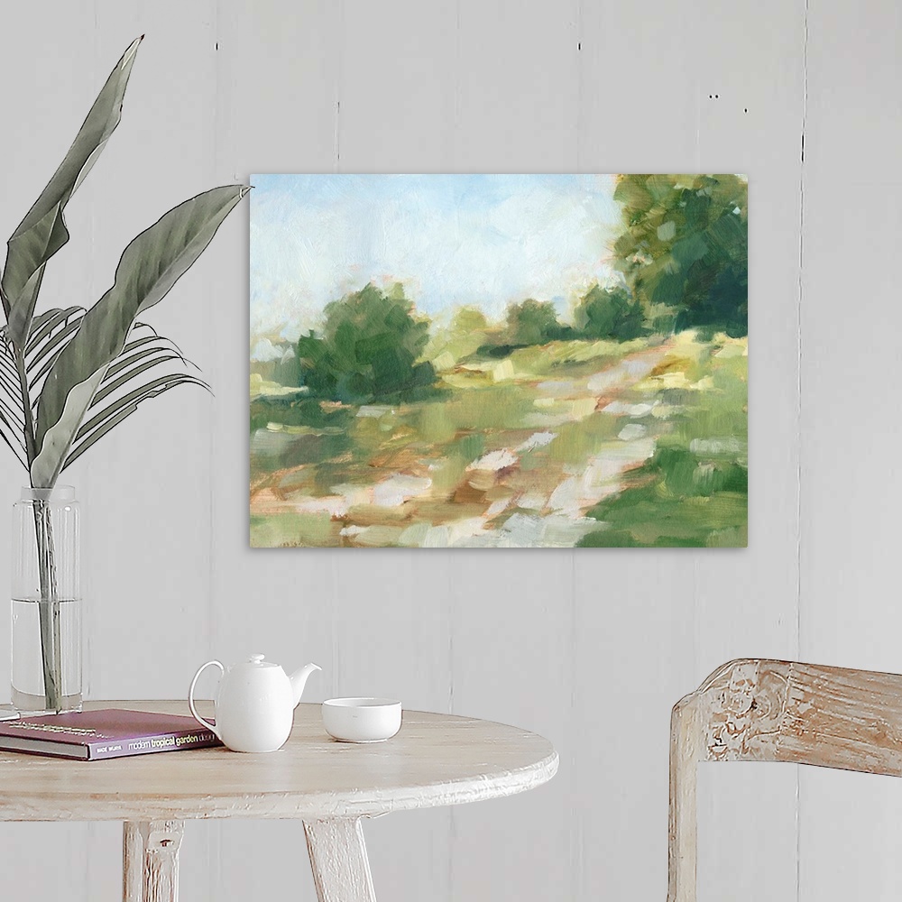 A farmhouse room featuring Contemporary abstract painting of a path flowing through a green landscape.