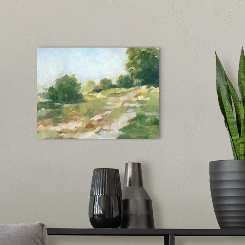A modern room featuring Contemporary abstract painting of a path flowing through a green landscape.