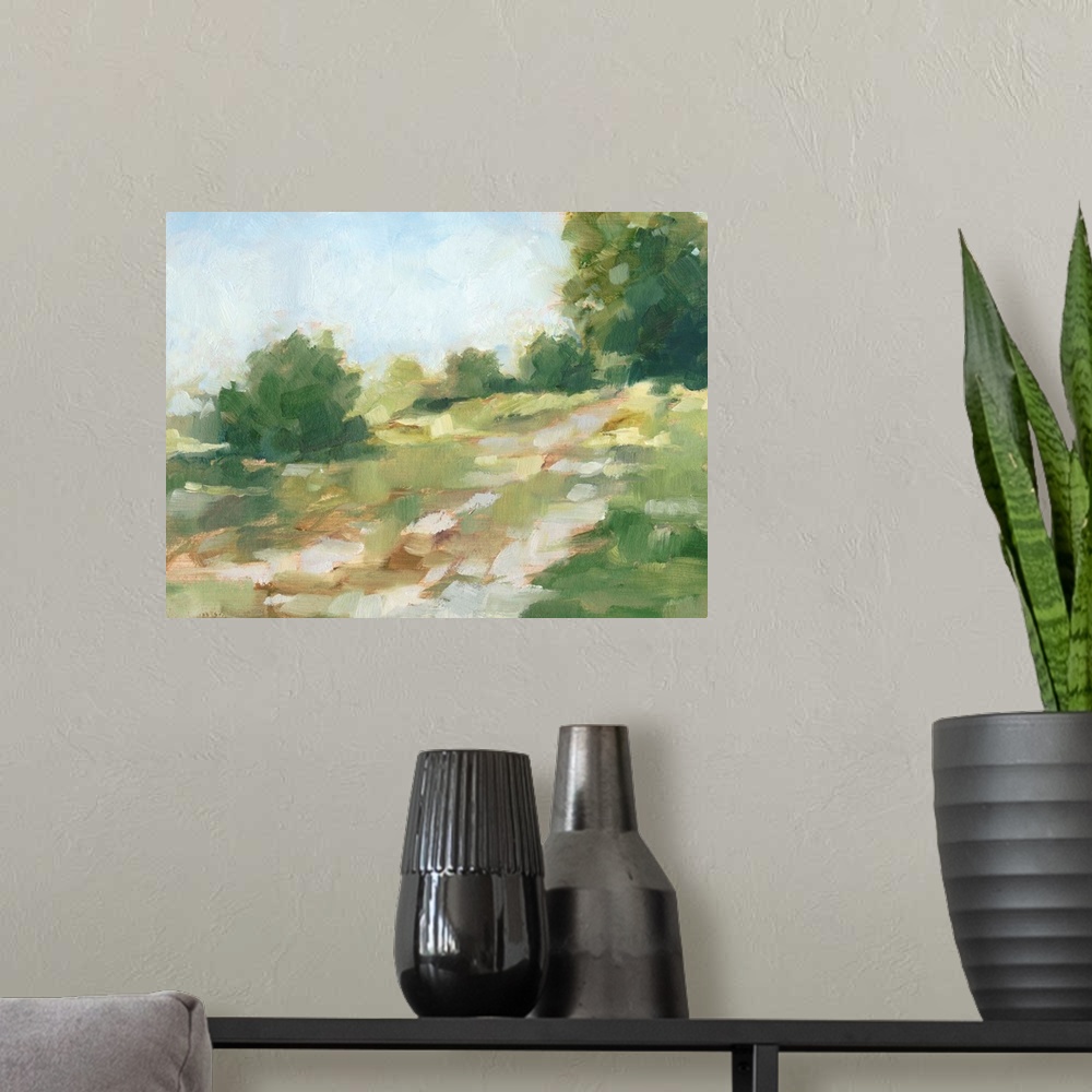 A modern room featuring Contemporary abstract painting of a path flowing through a green landscape.