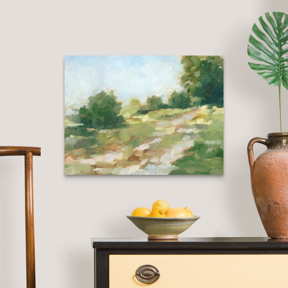 A traditional room featuring Contemporary abstract painting of a path flowing through a green landscape.