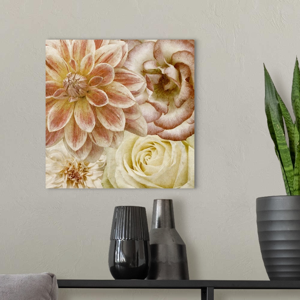 A modern room featuring Flowers in shades of pink and yellow fill this decorative art edge to edge.