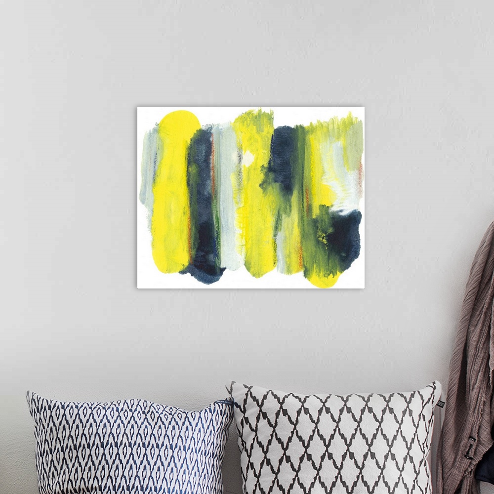 A bohemian room featuring Contemporary abstract artwork of vertical bands of bright yellow contrasting with dark blue-green.