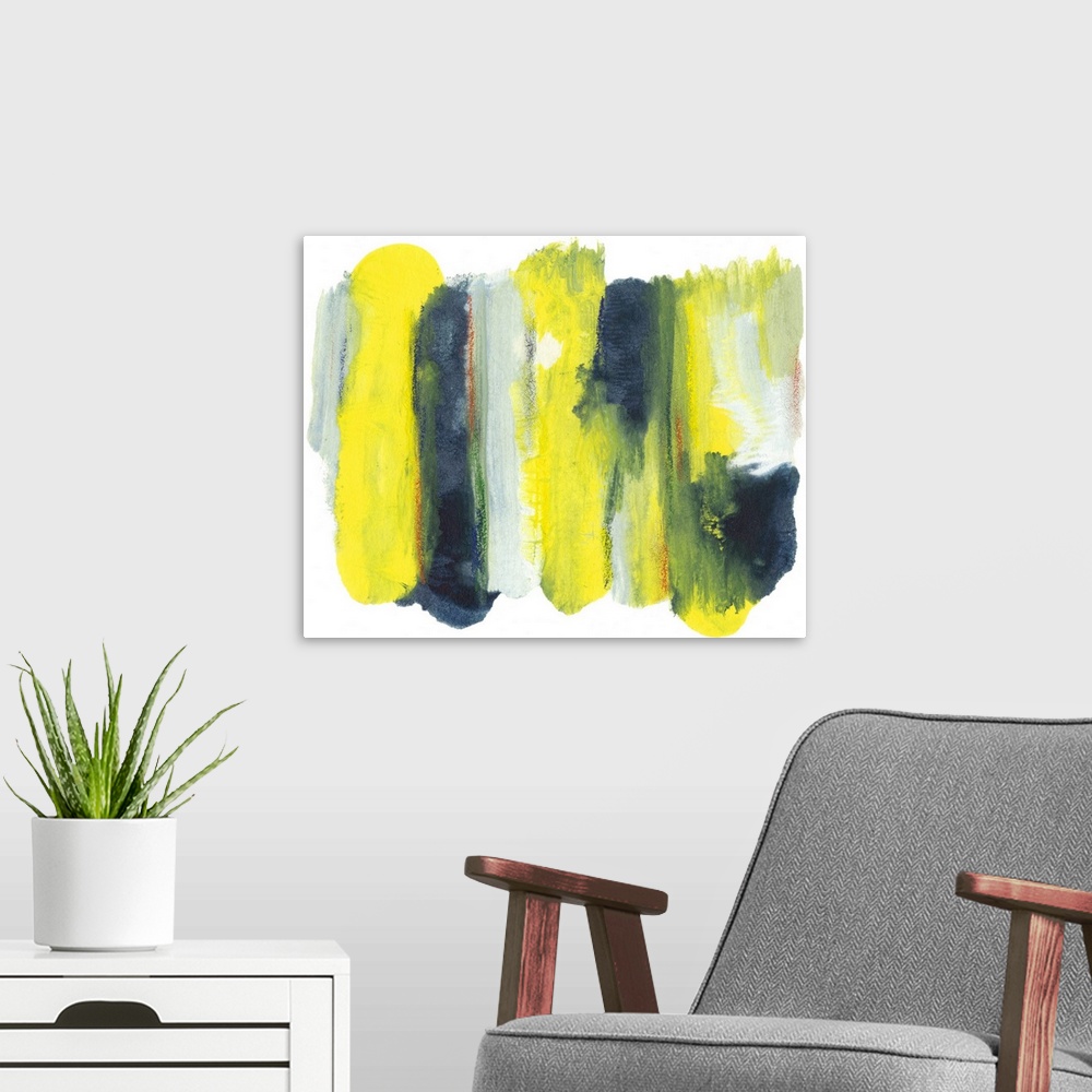 A modern room featuring Contemporary abstract artwork of vertical bands of bright yellow contrasting with dark blue-green.