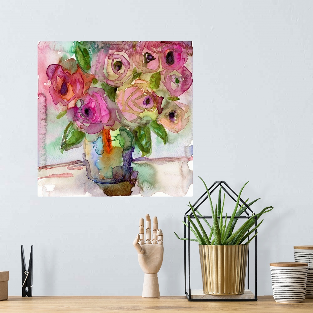 A bohemian room featuring A very bright, contemporary ink painting of full bloom roses in a vase - the style is very loose ...