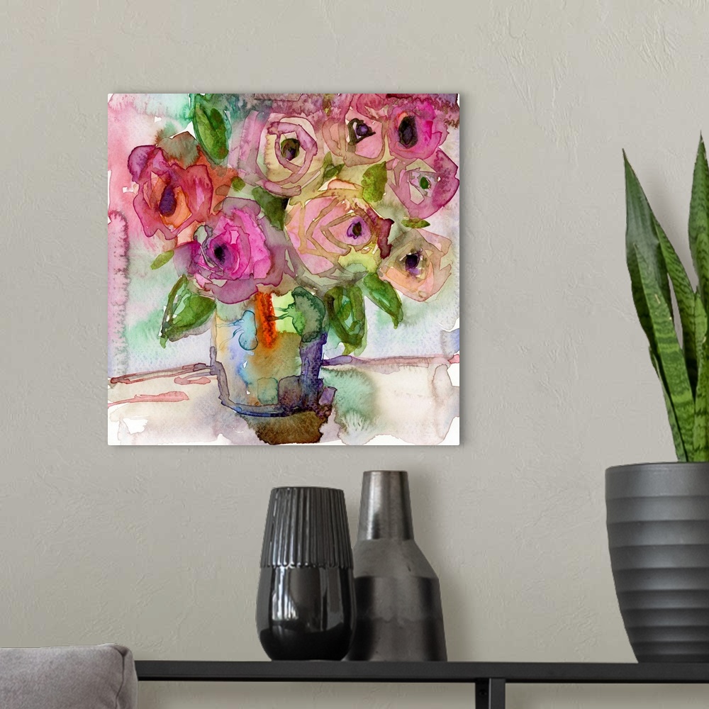 A modern room featuring A very bright, contemporary ink painting of full bloom roses in a vase - the style is very loose ...