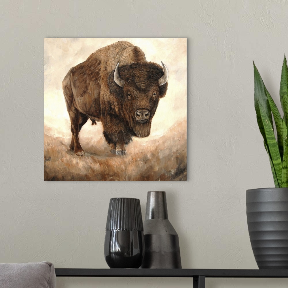 A modern room featuring Contemporary painting of a majestic American bison standing in a prairie.