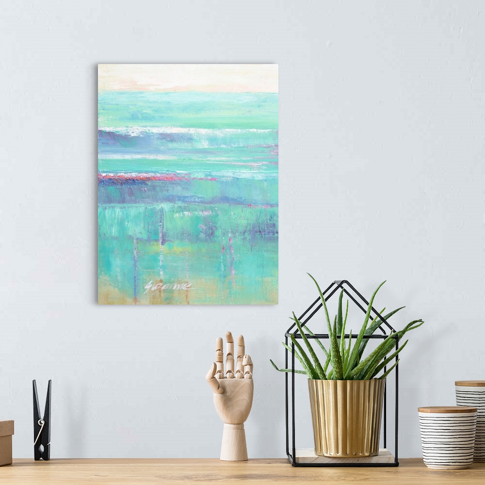 A bohemian room featuring Contemporary artwork of an abstract seascape in tropical turquoise and pink colors.
