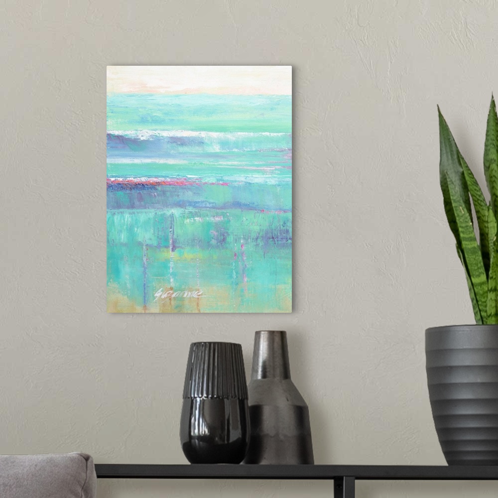 A modern room featuring Contemporary artwork of an abstract seascape in tropical turquoise and pink colors.