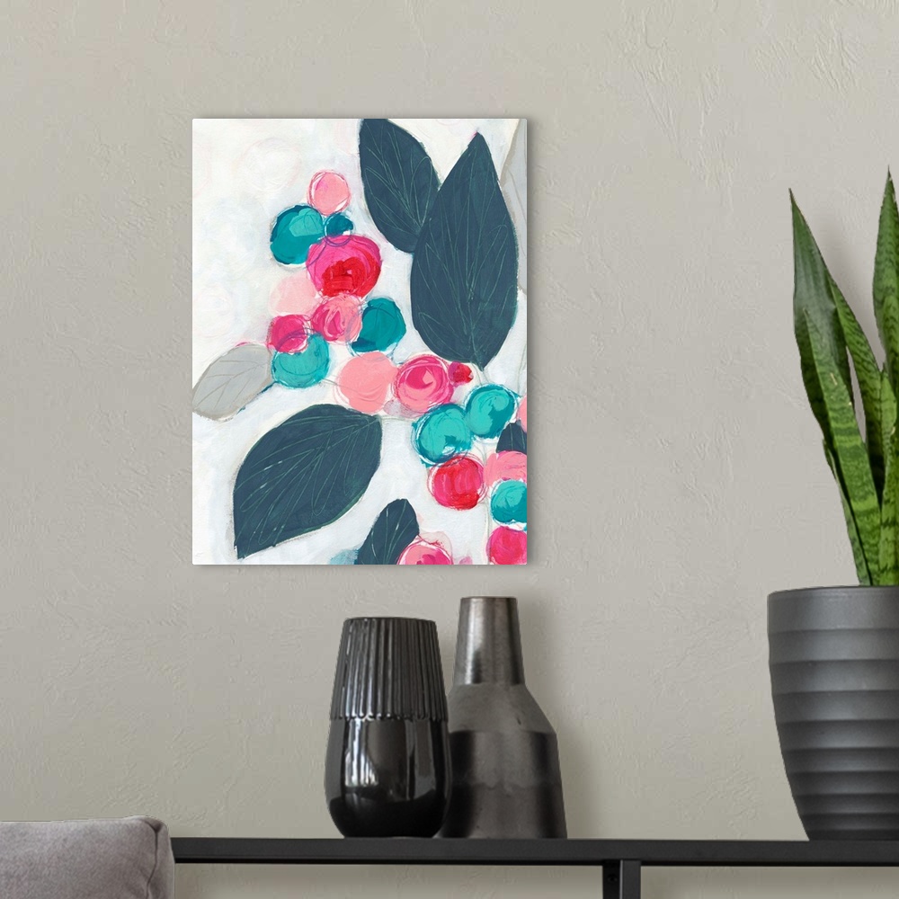 A modern room featuring Floral abstract painting in bright pink and teal on a light gray background.