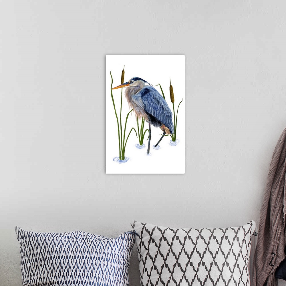 A bohemian room featuring Contemporary illustration of a great blue heron in a lake.