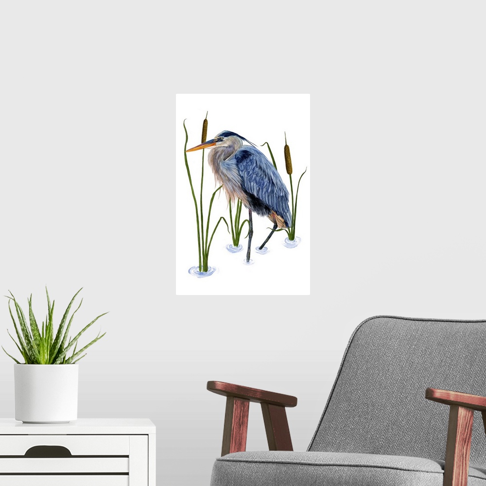 A modern room featuring Contemporary illustration of a great blue heron in a lake.