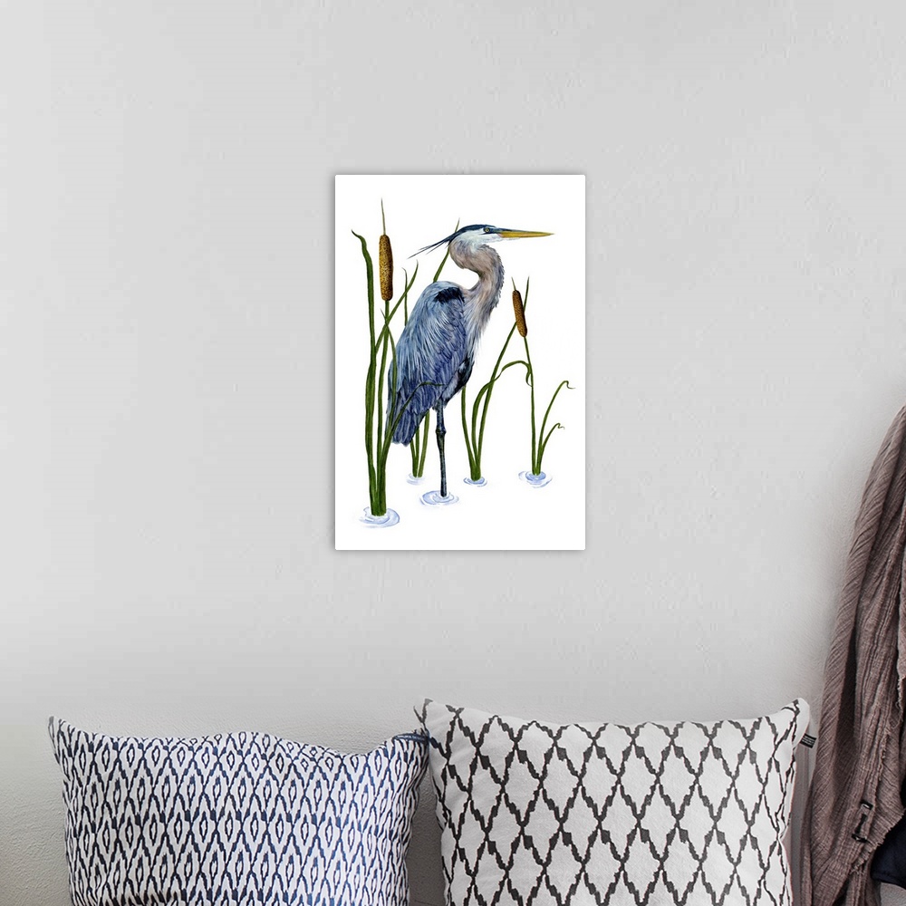 A bohemian room featuring Contemporary illustration of a great blue heron in a lake.