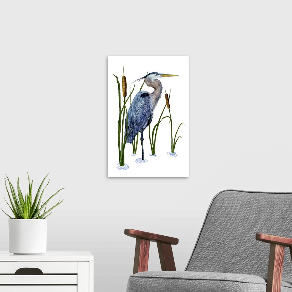 A modern room featuring Contemporary illustration of a great blue heron in a lake.