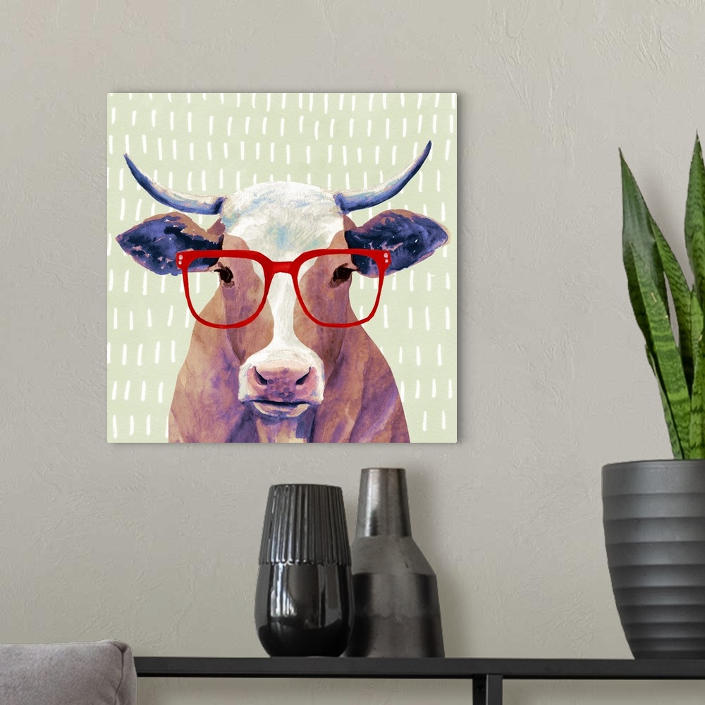 A modern room featuring Bespectacled Bovine I