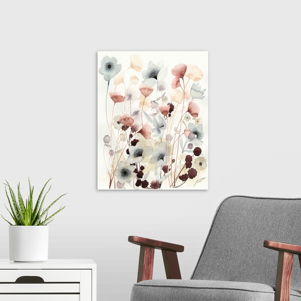 A modern room featuring Watercolor painting of a flower bed with pastel wildflowers.