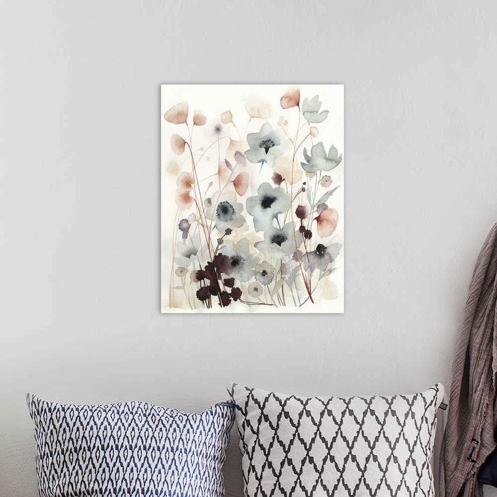 A bohemian room featuring Watercolor painting of a flower bed with pastel wildflowers.