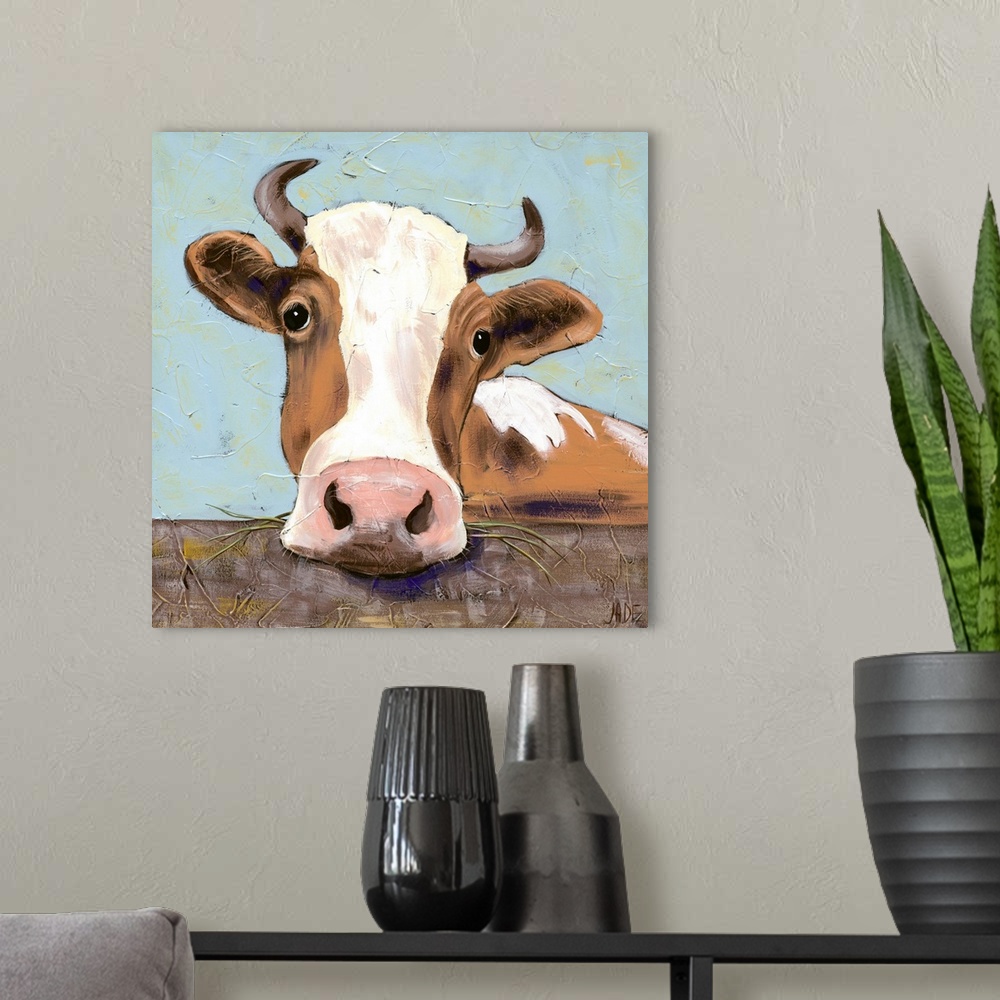 A modern room featuring Contemporary painting of a portrait of a cow.