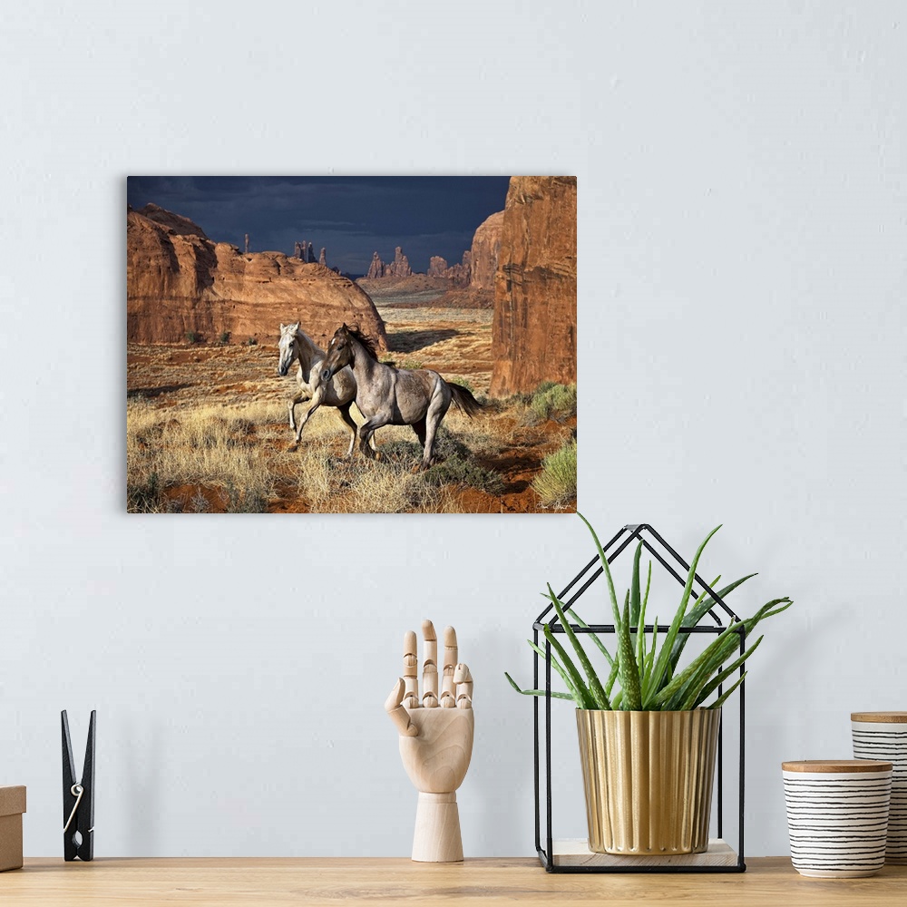 A bohemian room featuring A photograph of wild horses running through a desert landscape.