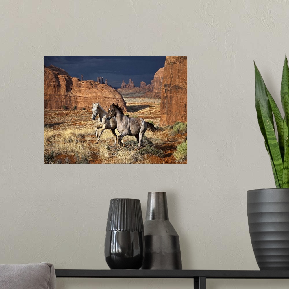 A modern room featuring A photograph of wild horses running through a desert landscape.