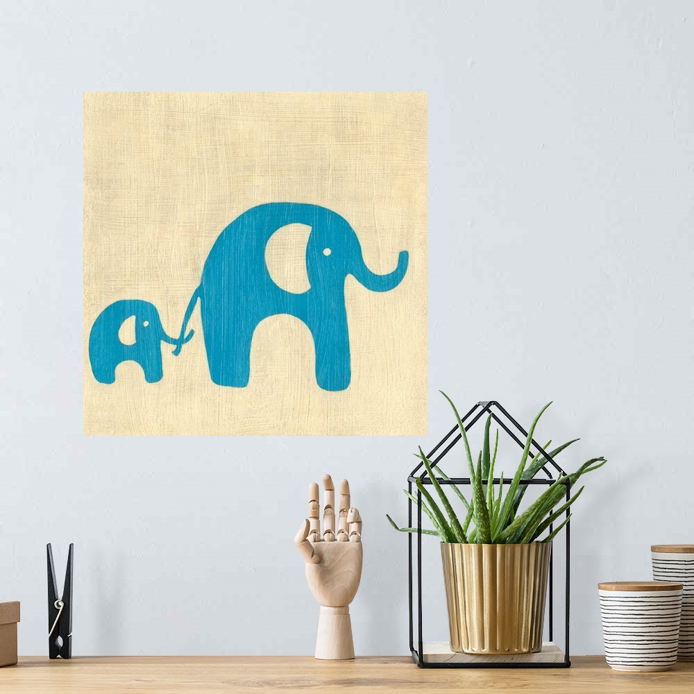 A bohemian room featuring Chrildren's themed painting of two simplistic elephants, one holding the other's tail with its no...