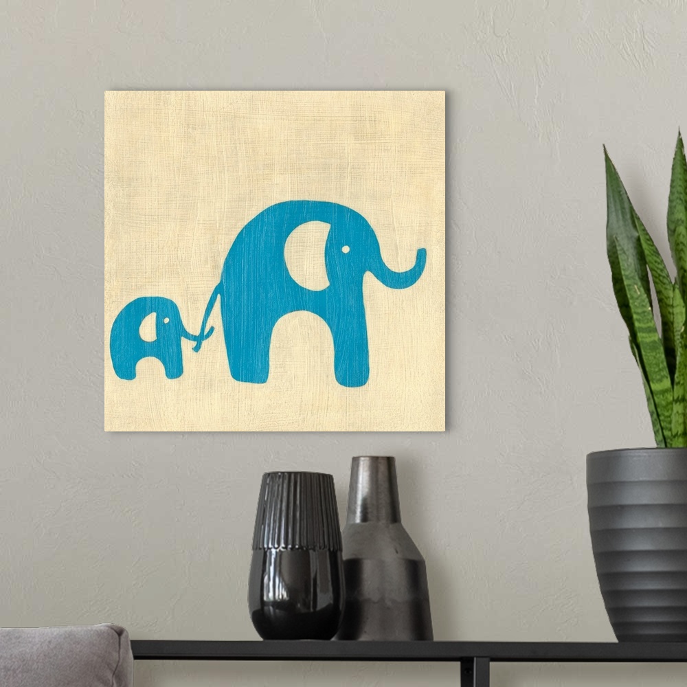A modern room featuring Chrildren's themed painting of two simplistic elephants, one holding the other's tail with its no...