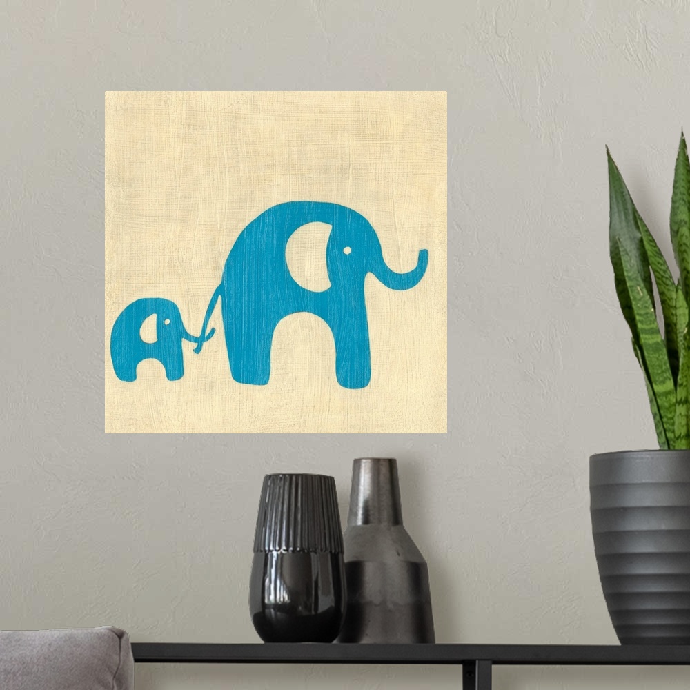 A modern room featuring Chrildren's themed painting of two simplistic elephants, one holding the other's tail with its no...