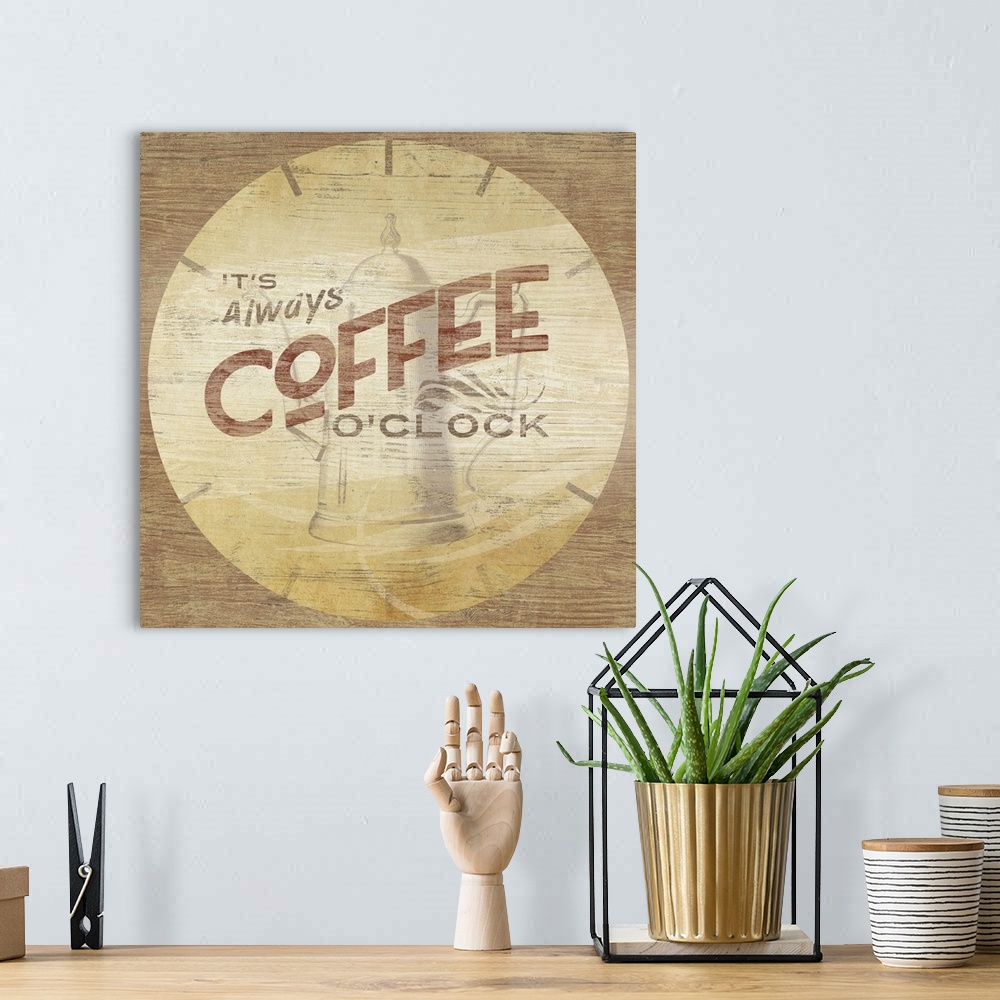 A bohemian room featuring "It's Always Coffee O'Clock"