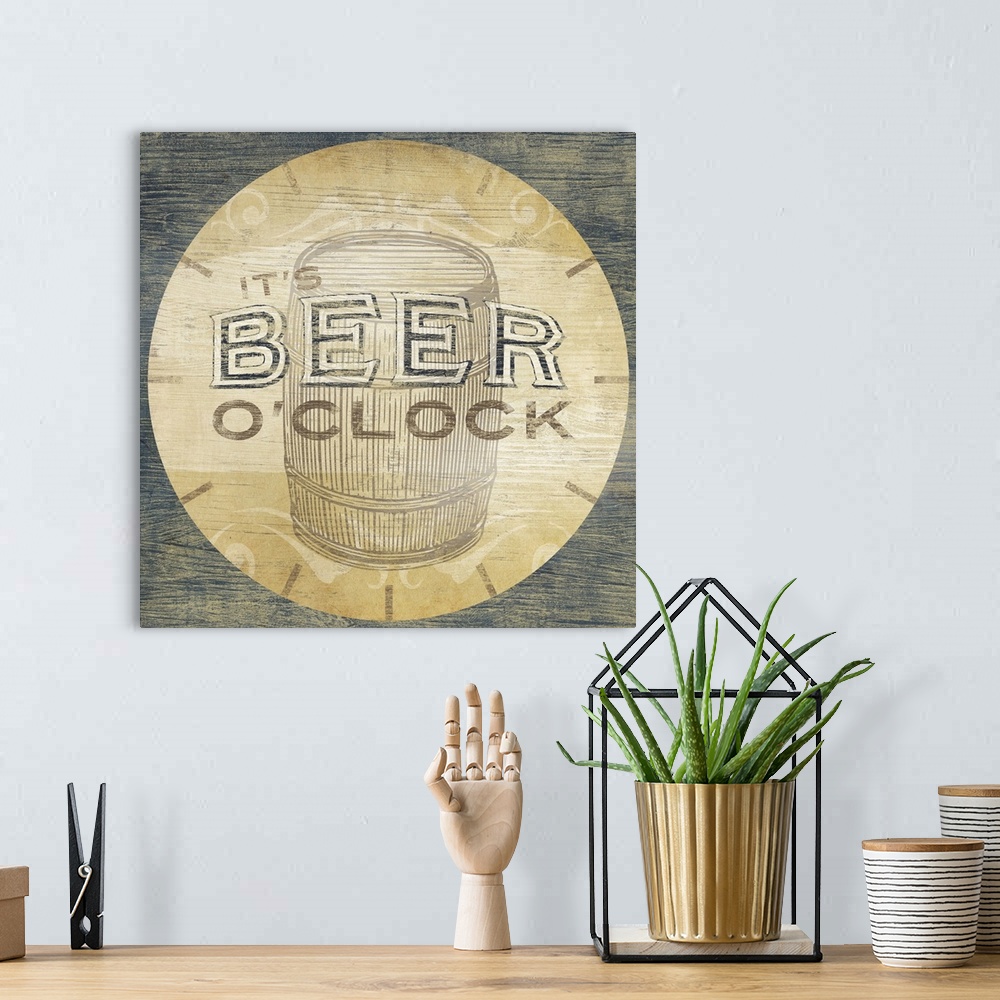 A bohemian room featuring "It's Beer O'Clock"