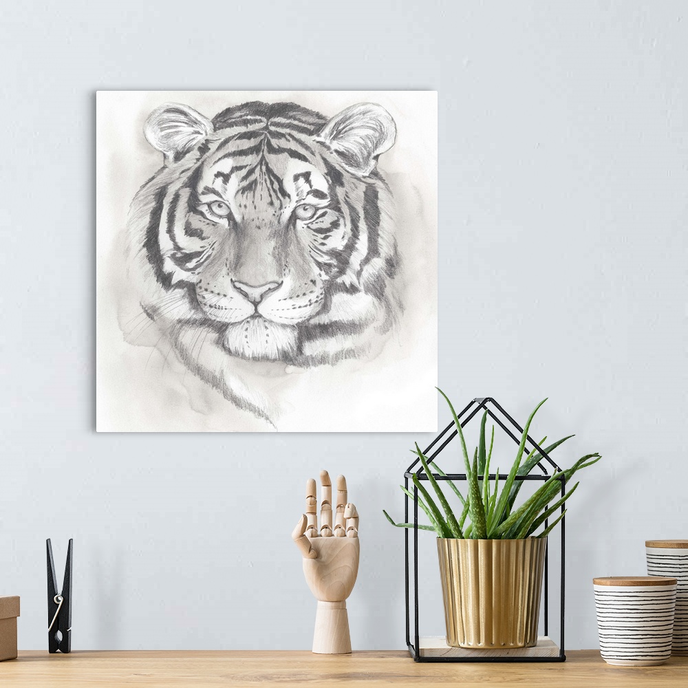 A bohemian room featuring Grey-toned study of the face of a tiger.