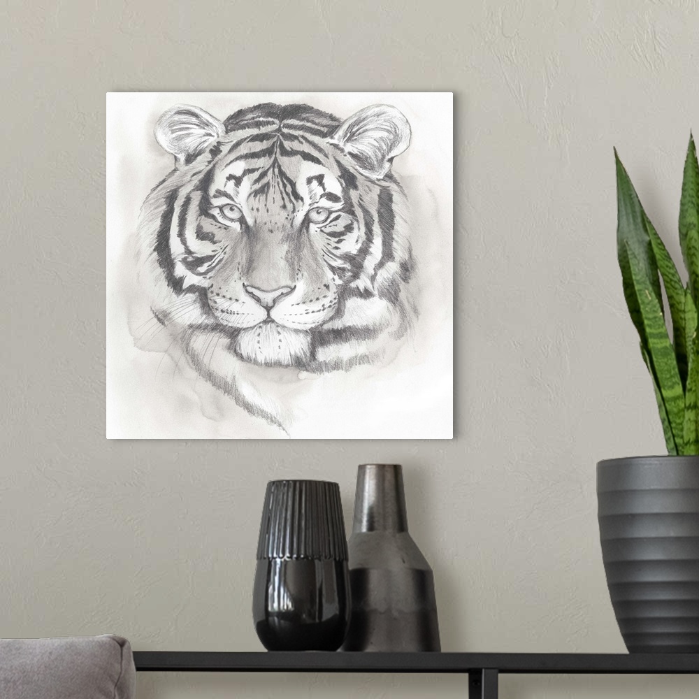 A modern room featuring Grey-toned study of the face of a tiger.