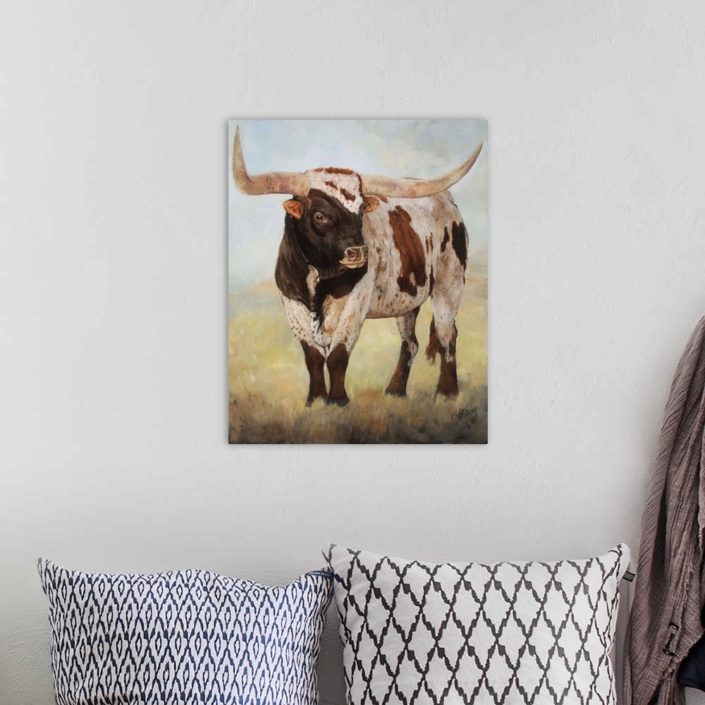 A bohemian room featuring Horizontal contemporary artwork of a longhorn cow grazing on a field in cool tones.