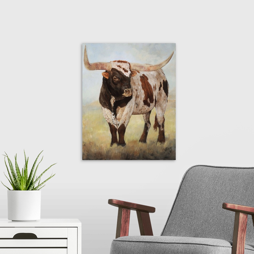 A modern room featuring Horizontal contemporary artwork of a longhorn cow grazing on a field in cool tones.