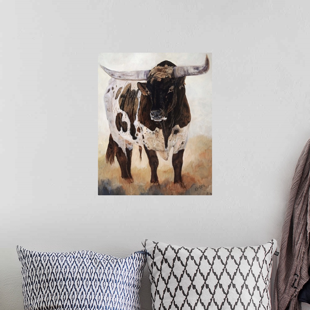A bohemian room featuring Horizontal contemporary artwork of a longhorn cow grazing on a field in warm tones.