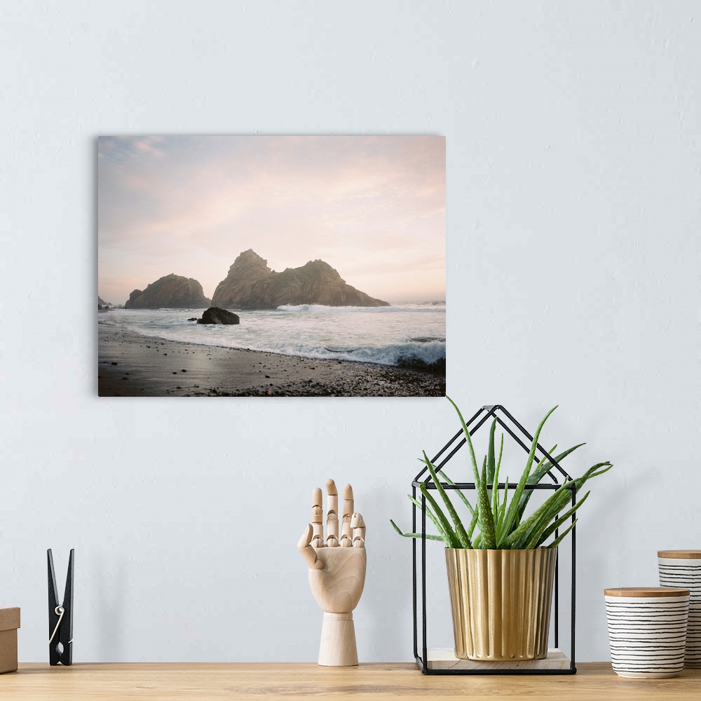 A bohemian room featuring Photograph of a rocky beach at sunrise, Big Sur, California.