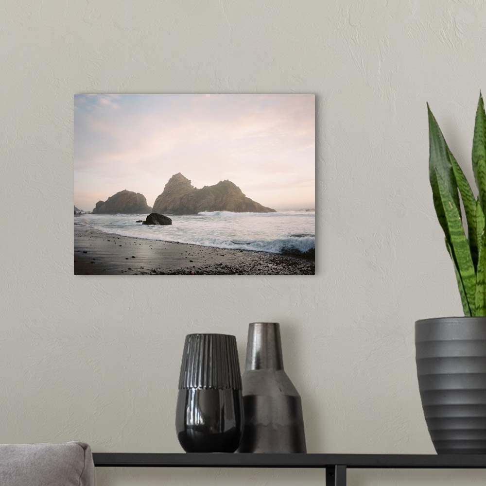 A modern room featuring Photograph of a rocky beach at sunrise, Big Sur, California.