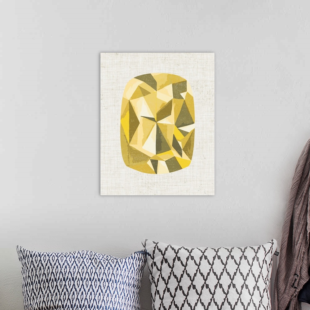 A bohemian room featuring Gemstone painting with geometric facets in shades of yellow.