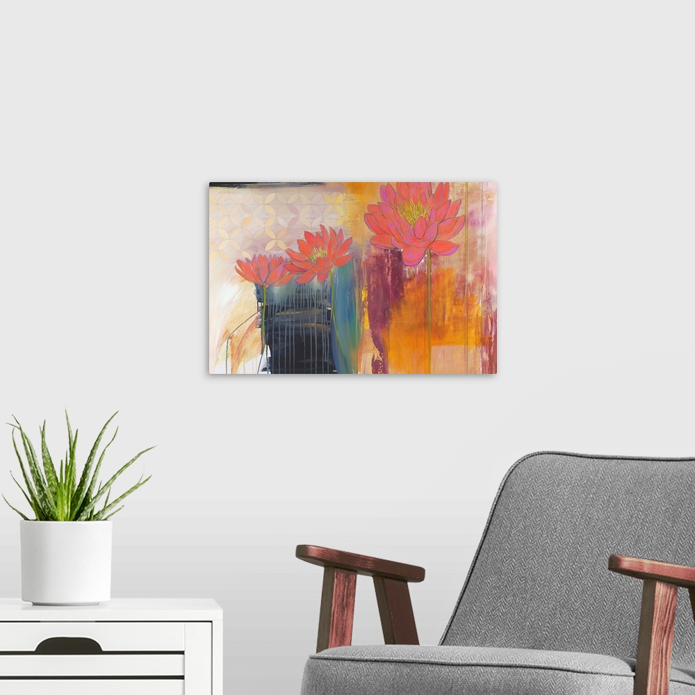 A modern room featuring Contemporary still-life abstract painting of flowers.