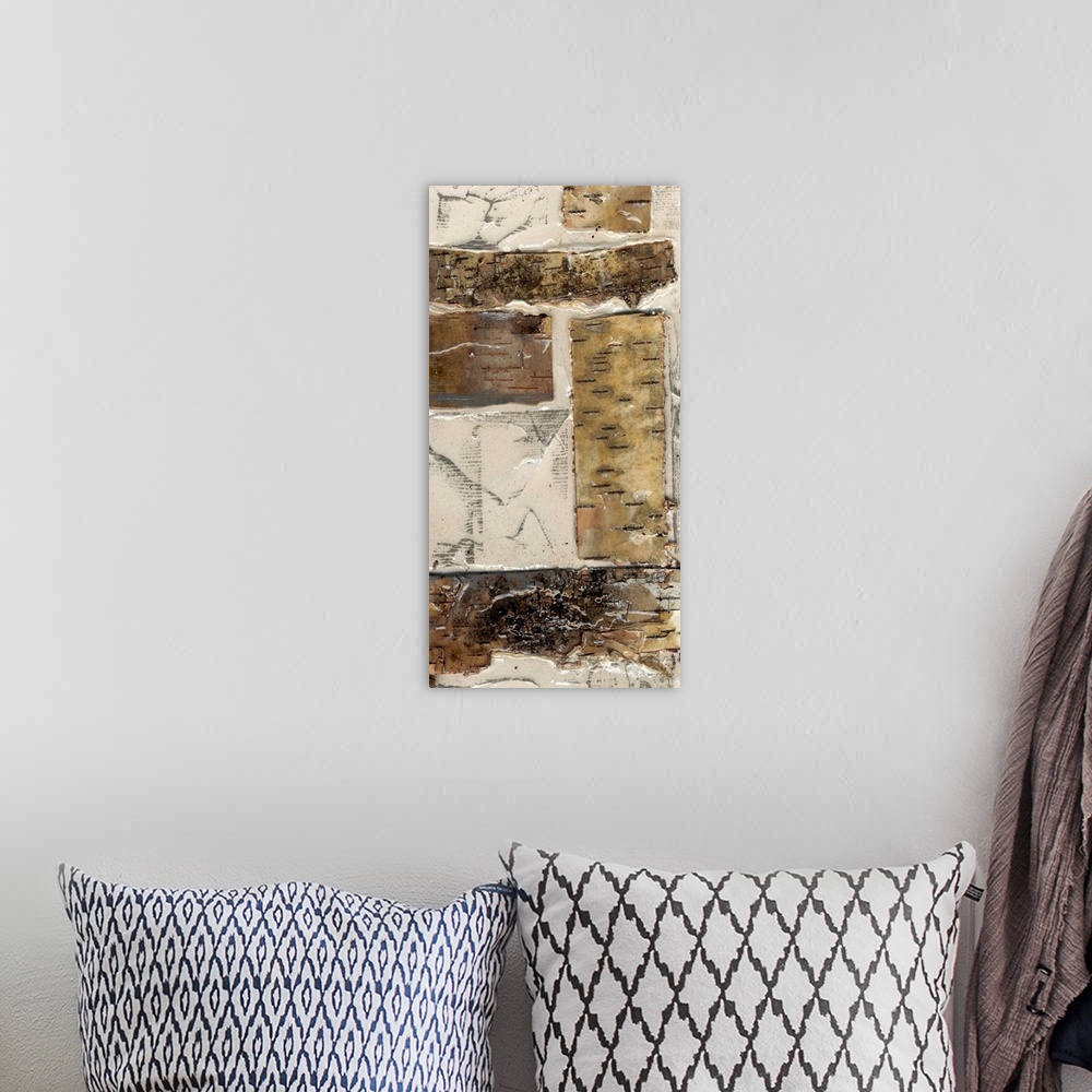 A bohemian room featuring Contemporary painting using earth tones and heavy texture to create geometric forms.