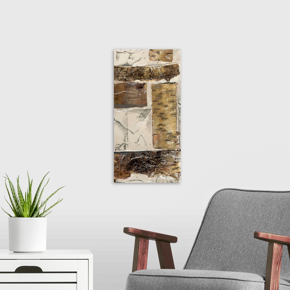 A modern room featuring Contemporary painting using earth tones and heavy texture to create geometric forms.