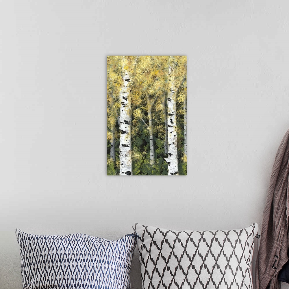 A bohemian room featuring Contemporary painting of a forest of birch trees with golden leaves.