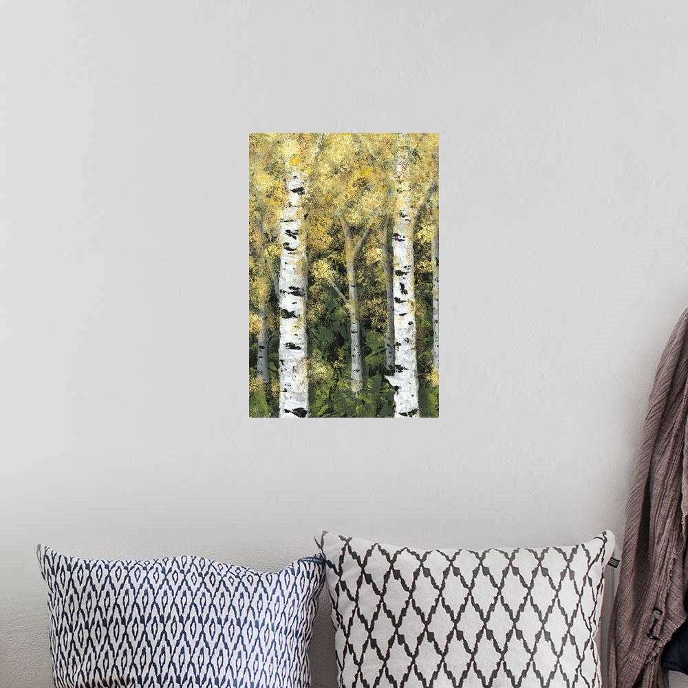 A bohemian room featuring Contemporary painting of a forest of birch trees with golden leaves.