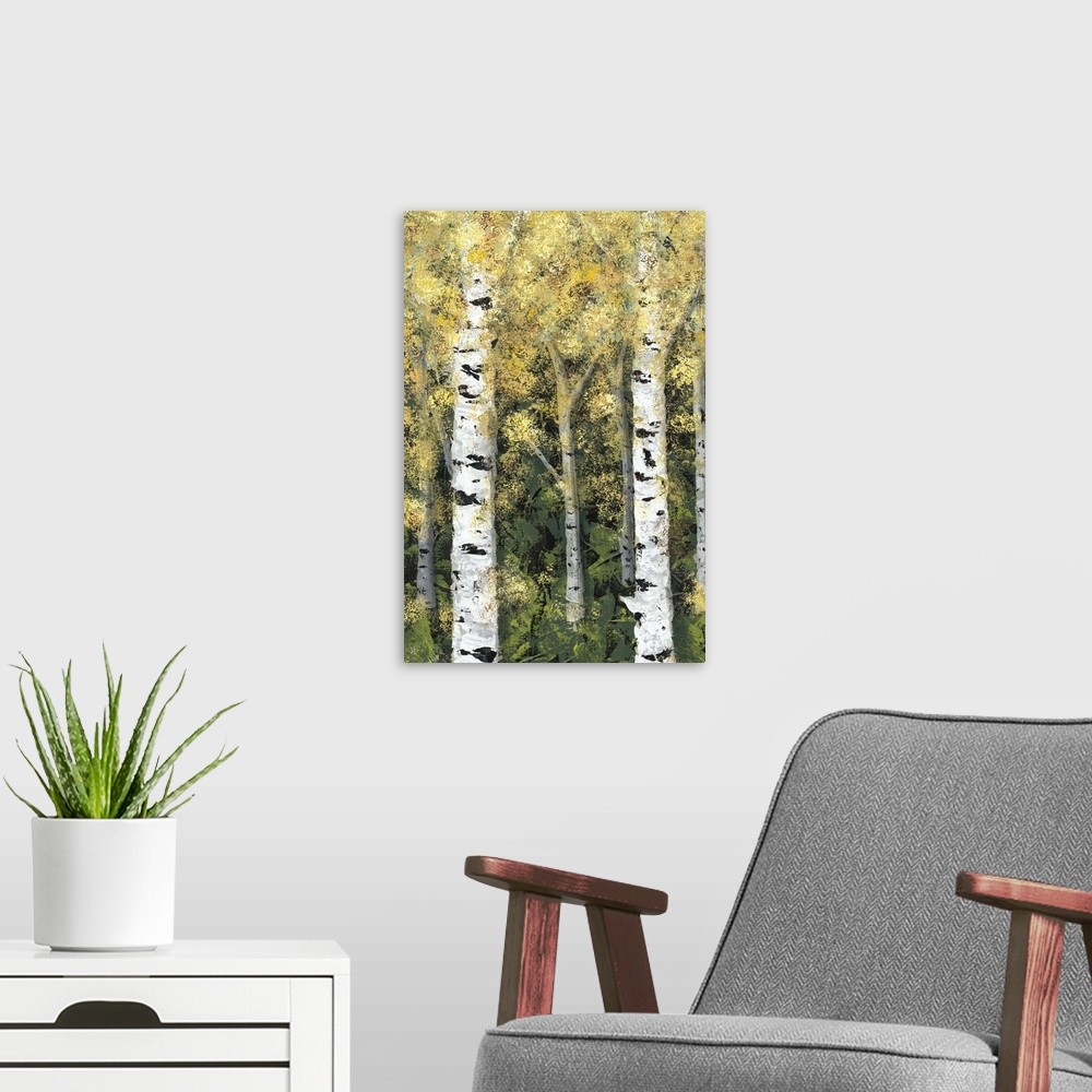 A modern room featuring Contemporary painting of a forest of birch trees with golden leaves.