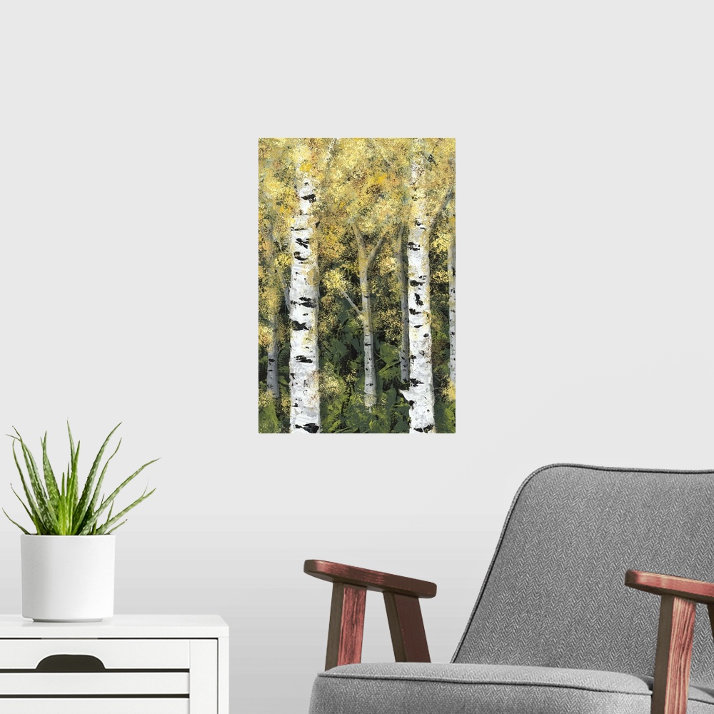 A modern room featuring Contemporary painting of a forest of birch trees with golden leaves.