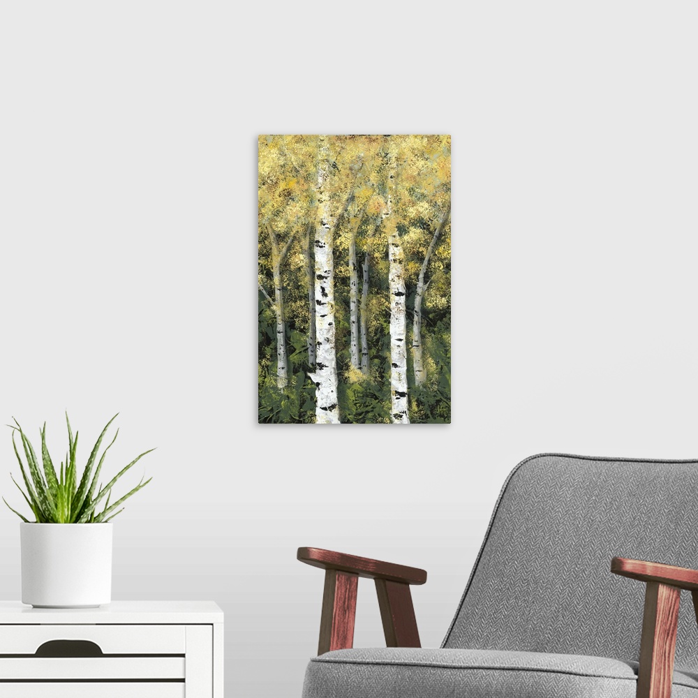 A modern room featuring Birch Treeline II