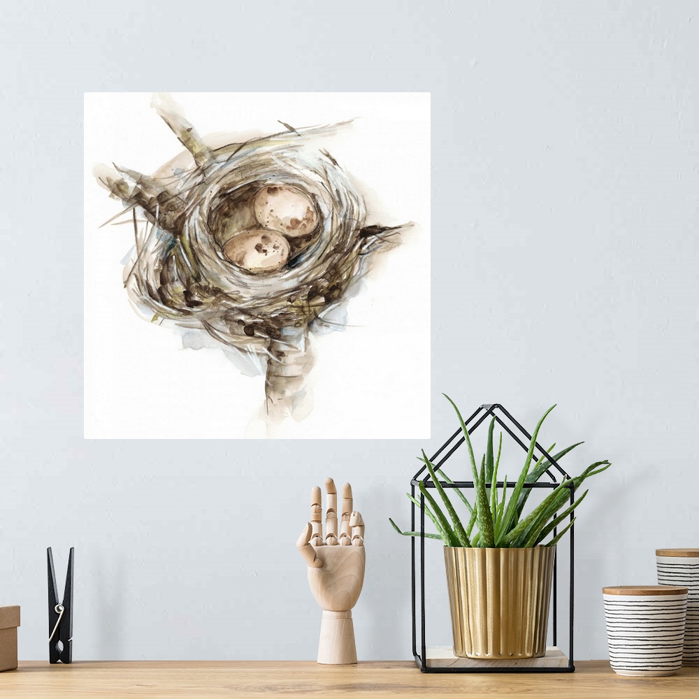 A bohemian room featuring Watercolor painting of a bird's nest with two small pink eggs.