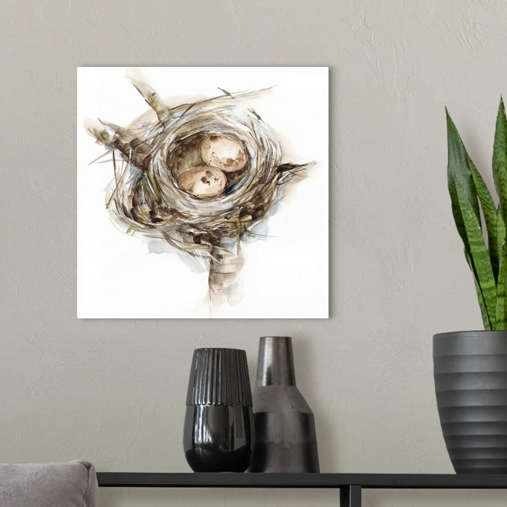 A modern room featuring Watercolor painting of a bird's nest with two small pink eggs.