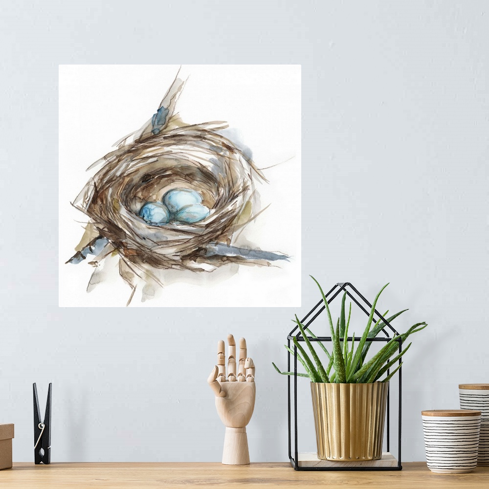 A bohemian room featuring Watercolor painting of a bird's nest with three small blue eggs.